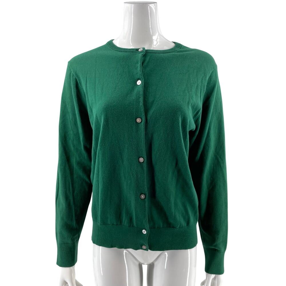 Lands End Womens Cardigan Sweater Sz Large (14-16) Petite Dark Green Button Up